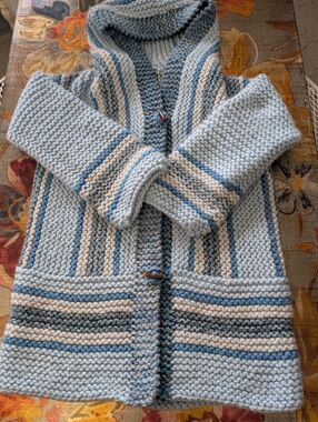 Hand Knitted Hooded Blue White Cozy Sweater Coat Oversized Bohemian XL